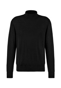 Schwarzer Rollkragenpullover aus einem weichen, leichten Stoff. Verfügt über lange Ärmel, einen taillierten Hals und gerippte Bündchen und Saum.