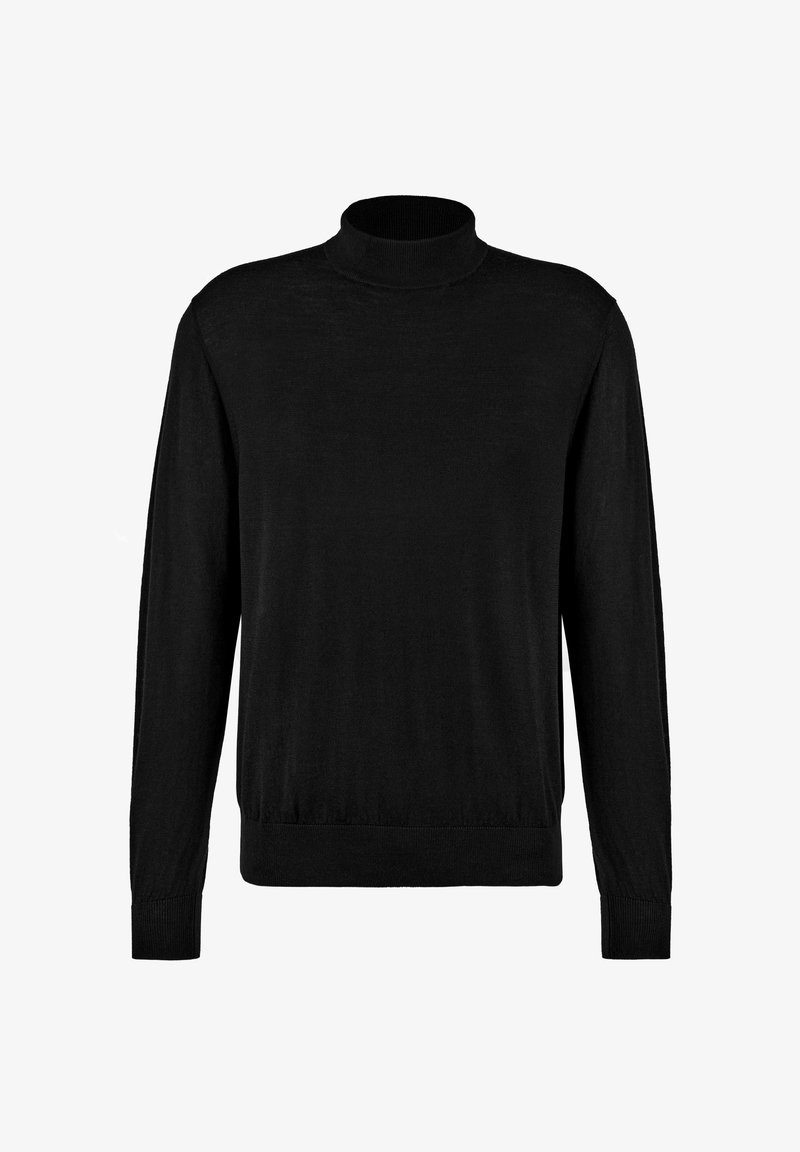 Schwarzer Rollkragenpullover aus einem weichen, leichten Stoff. Verfügt über lange Ärmel, einen taillierten Hals und gerippte Bündchen und Saum.