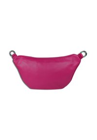 Roze leren tas met een gladde textuur, halfcirkelvormig en metalen ringen aan elke zijkant. Minimalistisch design zonder zichtbare patronen.