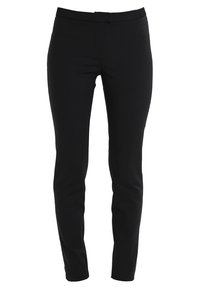 Pantaloni neri aderenti realizzati in un materiale liscio con un design elegante. Presentano una vita standard e gambe affusolate per una silhouette snella.