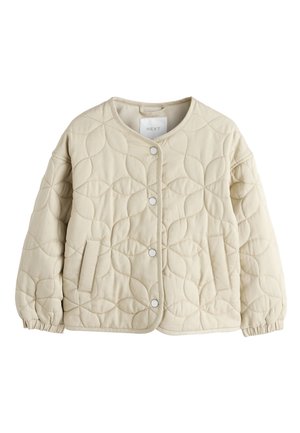 Beige quiltet jakke med bladmønster syning, trykknaplukning foran, rund halsudskæring, elastiske manchetter og to forlommer med slidser.