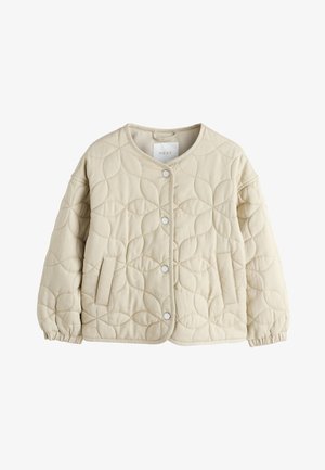 Beige quiltet jakke med bladmønster syning, trykknaplukning foran, rund halsudskæring, elastiske manchetter og to forlommer med slidser.