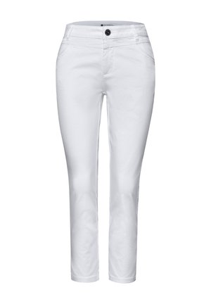 Pantalon blanc slim fit pour femme avec fermeture par bouton et zip, poches avant et passants de ceinture.