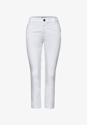 Witte slim-fit damesbroek met knoop- en ritssluiting, voorzakken en riemlussen.