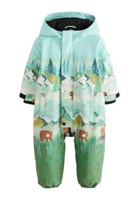 Combinaison de neige extérieure bleu clair avec des motifs de montagnes, de forêts et d'ours. Fabriquée en matériau imperméable avec des poignets élastiques et une capuche.