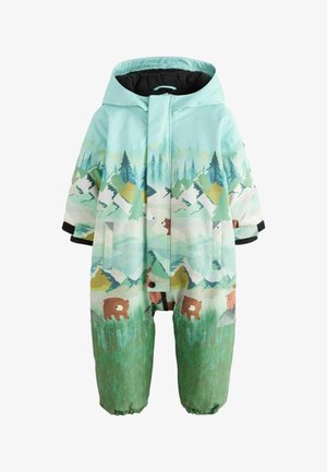 Monosuit exterior en azul claro con patrones de montañas, bosques y osos. Fabricado con material impermeable, con puños elásticos y capucha.