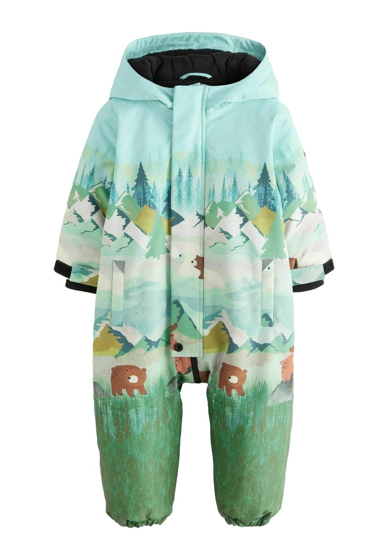 Combinaison de neige extérieure bleu clair avec des motifs de montagnes, de forêts et d'ours. Fabriquée en matériau imperméable avec des poignets élastiques et une capuche.