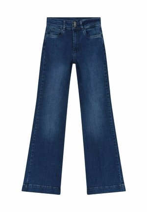 Mörkblå vida jeans i denim, med hög midja, dubbelknäppning och femficksdesign med subtilt blekningar.