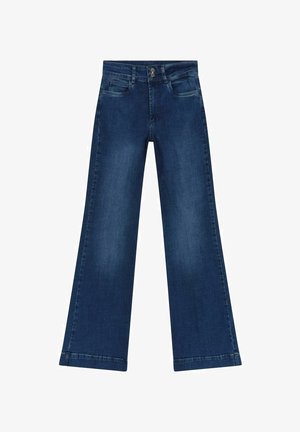 Mörkblå vida jeans i denim, med hög midja, dubbelknäppning och femficksdesign med subtilt blekningar.