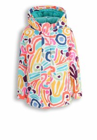 Kolorowa dziecięca zimowa kurtka z wzorzystym designem w odcieniach różu, niebieskiego, żółtego i zielonego. Posiada kaptur i kieszenie na zamek.