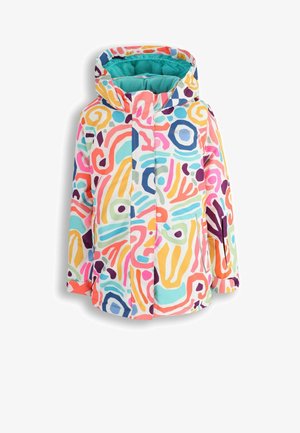 Kolorowa dziecięca zimowa kurtka z wzorzystym designem w odcieniach różu, niebieskiego, żółtego i zielonego. Posiada kaptur i kieszenie na zamek.