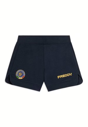 Pantaloncini sportivi blu navy con fascia elastica in vita, decorati con un logo circolare sulla gamba sinistra e il testo "FREDDY" sulla gamba destra.