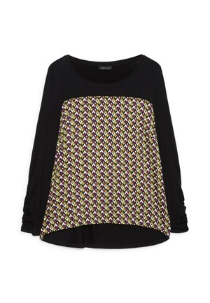 Zwarte top met lange mouwen in een losse pasvorm en een voorkant met een meerkleurig geometrisch diamantpatroon in paars, geel en wit.