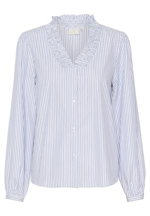 Striped blouse in light blue and white. Features a frilled neckline, long puffed sleeves, and button closures down the front. Made of fabric.