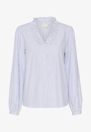 Striped blouse in light blue and white. Features a frilled neckline, long puffed sleeves, and button closures down the front. Made of fabric.