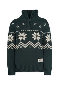 Grön stickad tröja med hög krage, med vita snöflingor och zickzackmönster. Inkluderar dragkedjestängning och ribbad nederkant och ärmar.
