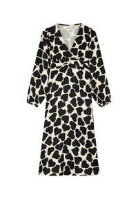 Zwarte hartpatronen op een crèmekleurige achtergrond, lange mouwen, een diepe V-hals en plooien bij de buste creëren een vloeiende, ontspannen silhouet.