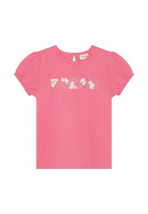 Camiseta de algodón rosa con mangas cortas abullonadas. Presenta la palabra "DREAM" bordada con motivos florales. Cierre trasero con abertura y detalle de botón.