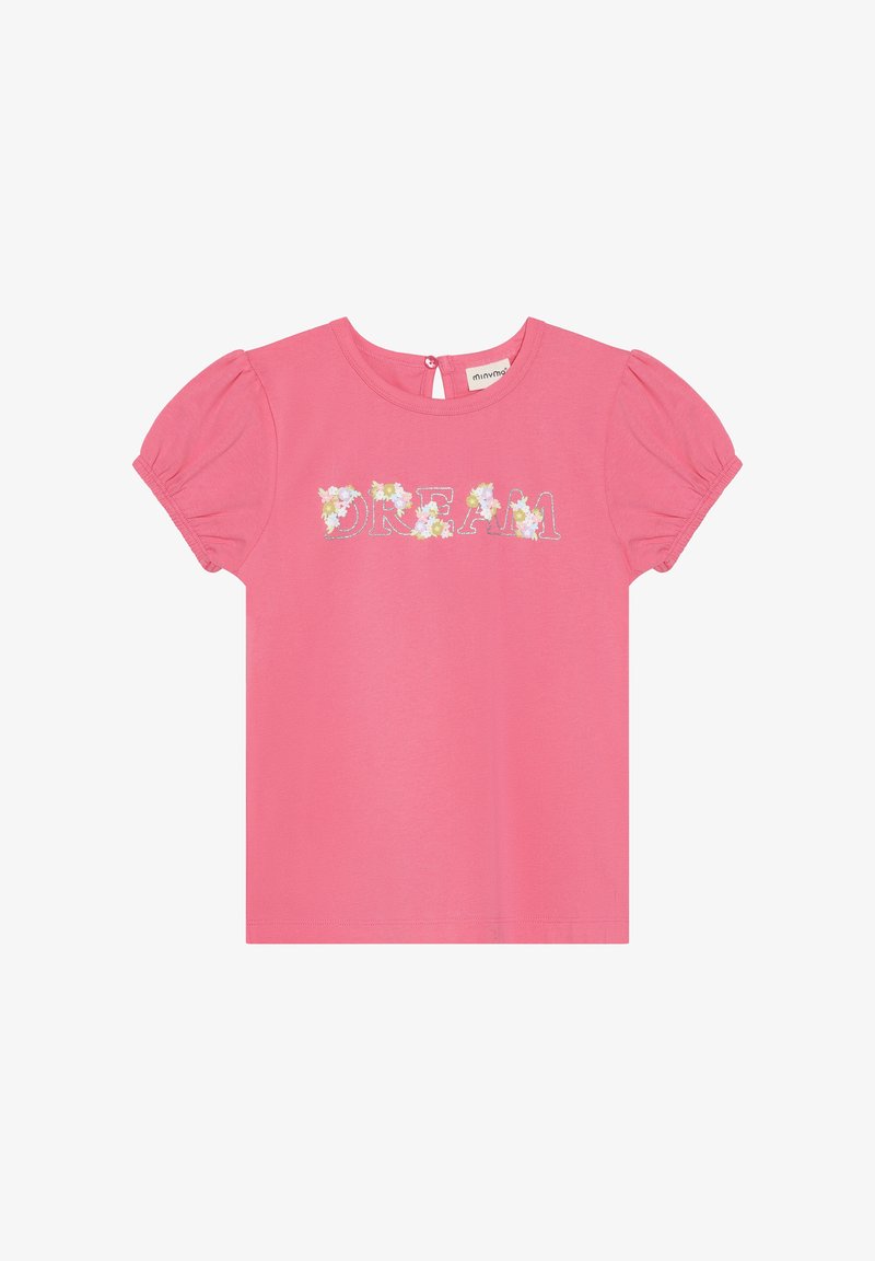 T-shirt en coton rose avec manches courtes bouffantes. Porte le mot "DREAM" en broderie florale. Fermeture au dos avec un bouton et une ouverture en forme de goutte.