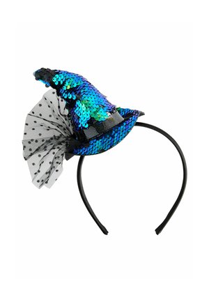 Pailletten heksenhoed in blauw en zwart met een tule strik. Voorzien van een zwarte hoofdband en glinsterende pailletten, wat zorgt voor een gestructureerde afwerking.