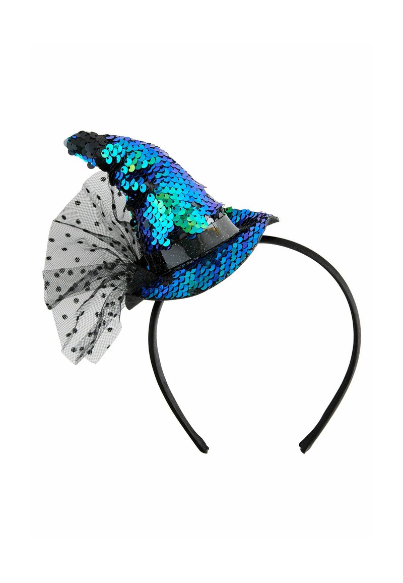 Chapeau de sorcière satinée bleu et noir avec un nœud en tulle. Dispose d'un bandeau noir et de sequins brillants, créant une finition texturée.
