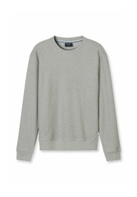 Hellgraues Sweatshirt mit Rundhalsauschnitt, langen Ärmeln und seitlichen Schlitzen am Saum. Hergestellt aus weichem Stoff mit gerippten Bündchen und Saum.