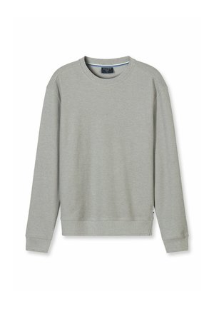 Hellgraues Sweatshirt mit Rundhalsauschnitt, langen Ärmeln und seitlichen Schlitzen am Saum. Hergestellt aus weichem Stoff mit gerippten Bündchen und Saum.