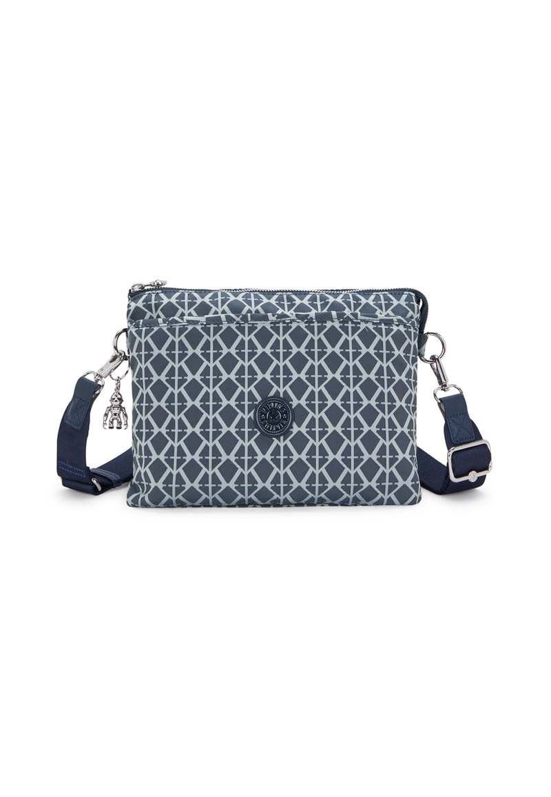 Borsa a spalla blu con motivo geometrico e cerniera in metallo argentato. Presenta una tracolla regolabile e dettaglio del logo del marchio.