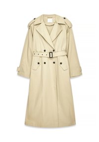 Beige trench coat with a double-breasted design, shoulder epaulettes, a belted waist, and four front pockets. Smooth texture and knee-length.