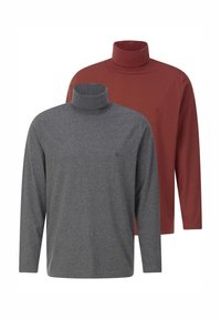 Zwei langärmlige Rollkragenpullover: einer in Grau und einer in rostrot, aus weichem Stoff, mit einem entspannten Schnitt und dezentem Logo-Detail auf der Brust.