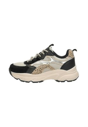 Zwarte en beige sneaker met ademend netmateriaal en suède, gelaagd ontwerp, textuuraccenten en een dikke rubberen zool.