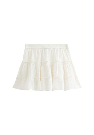 Witte gelaagde rok van lichtgewicht stof, met een gerimpelde zoom, elastische tailleband en subtiele textuurpatronen overal.
