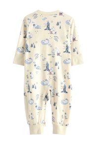 Φωτεινό μπεζ βαμβακερό φορμάκι με παιχνιδιάρικο σχέδιο χαρακτήρων, σύννεφων, δέντρων και αστεριών σε μπλε και γκρι αποχρώσεις. Μακριά μανίκια και στενεμένα μπατζάκια.