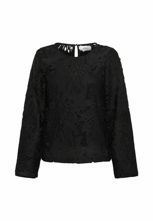 Fekete, hosszú ujjú felső, amely bonyolult virágmintás csipkével rendelkezik, lekerekített nyakkivágással és egy kis nyílással a hátsó részen. Texturált felület.