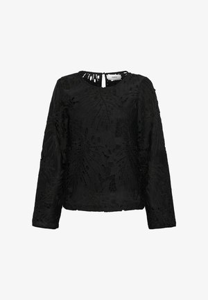 Musthave musta pikkade varrukate top, millel on detailne lilleline pitsi disain, ümmargune kaelus ja väike võtmeauk seljal. Tekstureeritud viimistlus.