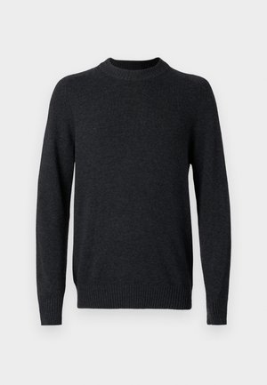 Dunkelgrauer Pullover aus einem weichen Strickmaterial. Er verfügt über einen Rundhalsausschnitt und gerippte Bündchen sowie einen gerippten Saum, mit langen Ärmeln.
