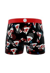 Boxer shorts noirs avec un motif répété de parts de pizza et des accents rouges, dotés d'une ceinture rouge unie et de formes géométriques colorées.