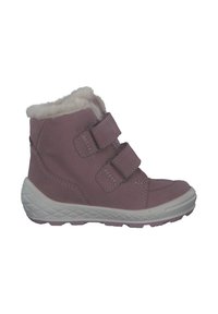 Calzature sintetiche rosa con rivestimento in finta pelliccia bianca, dotate di due cinghie regolabili con velcro, suola rialzata e suola in gomma testurizzata.