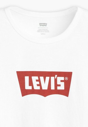 Vit bomulls t-shirt med en stor röd Levi's-logotyp i en rundad rektangulär form. Mjuk textur, med en klassisk crew neck design.