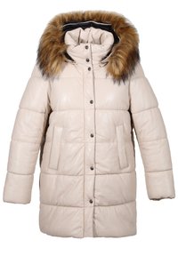 Beige puffjacka med avtagbar foder med päls, blank yta, quiltad textur, framknäppningar med tryckknappar och två sidofickor.