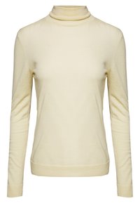 Pull à col roulé à manches longues de couleur crème avec une coupe ajustée et des bords-côtes aux poignets et à l'ourlet.