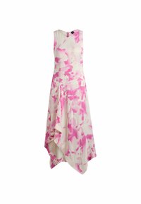 Ärmelloses Kleid aus leichtem Stoff mit einem pinken, abstrakten Blumenmuster auf cremefarbenem Hintergrund; asymmetrischer Saum und V-Ausschnitt.