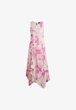 Robe sans manches en tissu léger, ornée d'un motif floral abstrait rose sur fond crème ; ourlet asymétrique et design en V.