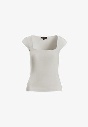 Hellgraues Kurzarmoberteil mit quadratischem Ausschnitt, hergestellt aus einem glatten, strukturierten Stoff. Besticht durch eine figurbetonte Silhouette und subtile Nähdetails.