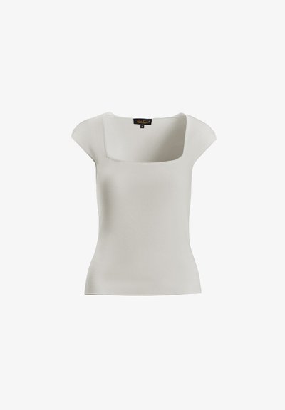 Hellgraues Kurzarmoberteil mit quadratischem Ausschnitt, hergestellt aus einem glatten, strukturierten Stoff. Besticht durch eine figurbetonte Silhouette und subtile Nähdetails.