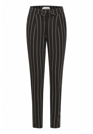 Black pants with vertical beige stripes, featuring a drawstring waist, slim fit, and smooth texture.