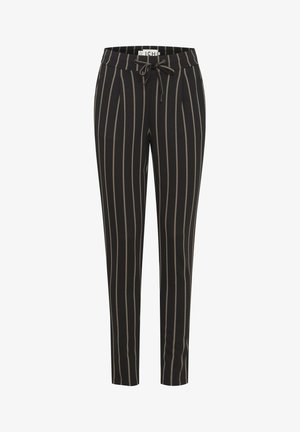 Pantaloni neri con strisce verticali beige, dotati di cintura con cordoncino, vestibilità slim e texture morbida.
