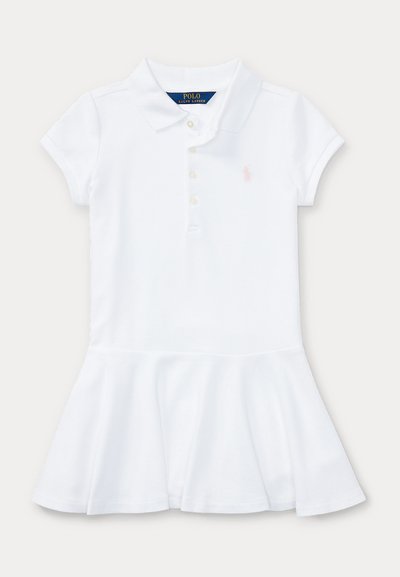 White short-sleeve polo dress with collar, button front, flared skirt, and subtle logo on chest.