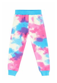 Barevné tepláky s tie-dye vzorem v odstínech růžové, modré a fialové, vyrobené z měkké látky, s elastickým pasem a manžetami na nohavicích.