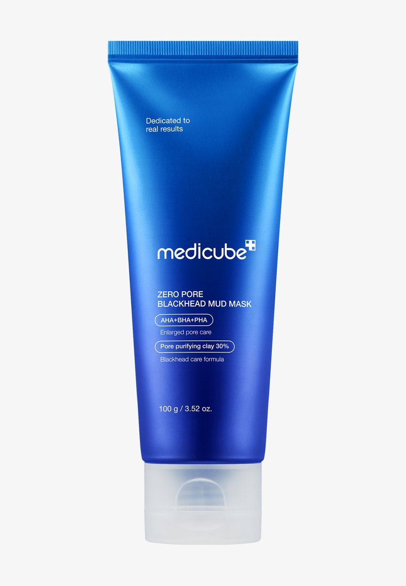Blaues Quetschfläschchen mit der Aufschrift "Medicube Zero Pore Blackhead Mud Mask". Enthält AHA, BHA, PHA; 100 g, strukturierter Deckel und klarer Boden.